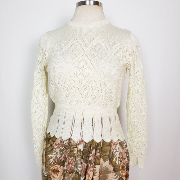 Vintage Sweaters - Vintage | Crochet Knit Peplum Classy Sweater Top M